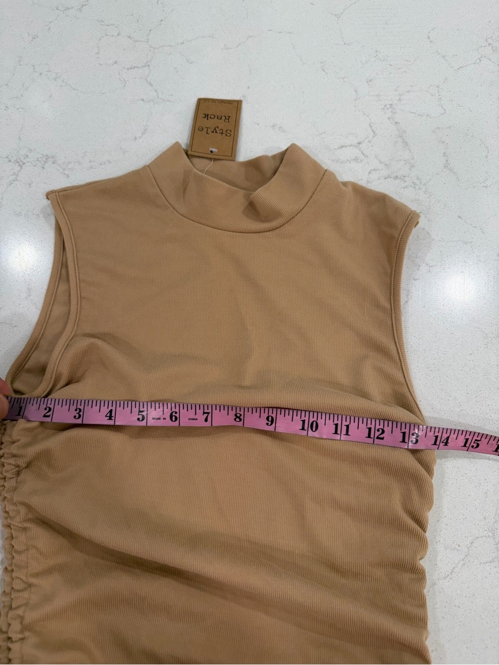 Style Rack Tan Mock Neck Ruched Mini Dress - Picture 7 of 8